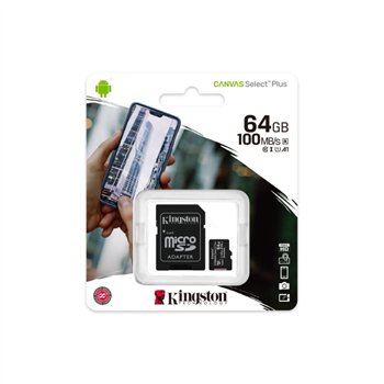 Carte microSDXC Kingston 64 Go Classe 10 100 Mo/s Canvas Select Plus + adaptateur SD