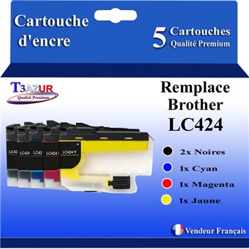 Lot de 5 cartouches Compatibles Brother LC-424 (2 Noirs, Cyan, Magenta et Jaune)