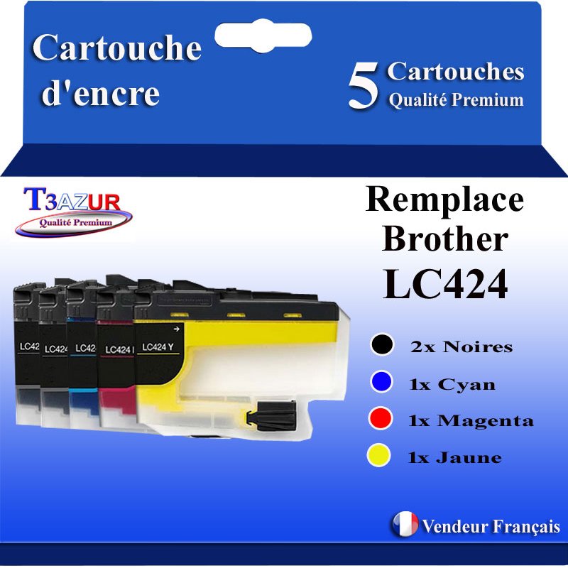 Lot de 5 cartouches Compatibles Brother LC-424 (2 Noirs, Cyan, Magenta et Jaune)