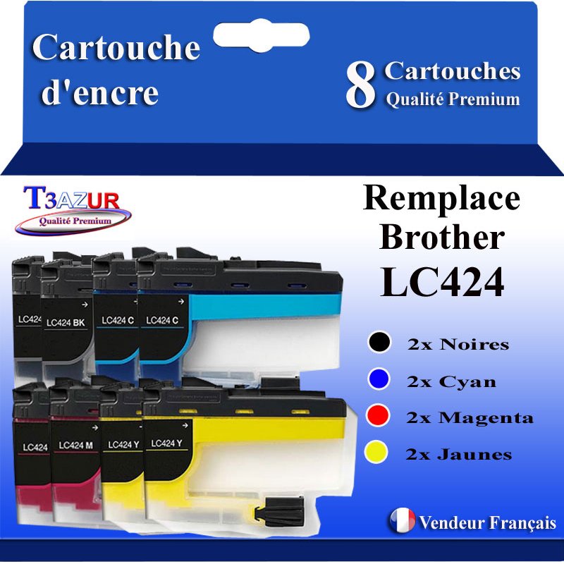 Lot de 8 cartouches Compatibles Brother LC-424 (2 Noirs, 2 Cyan, 2 Magenta et 2 Jaunes)