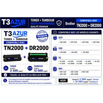 Toner + Tambour compatible Brother TN2000/ TN2005 / DR2000 / DR2005