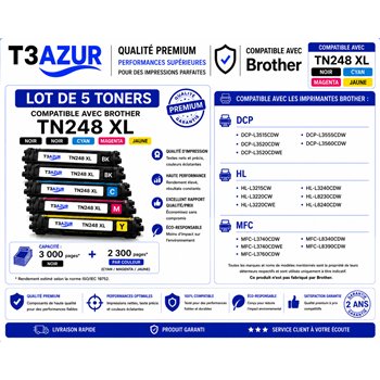 Lot de 5 Toners compatibles Brother TN248XL (Noir+Couleur)